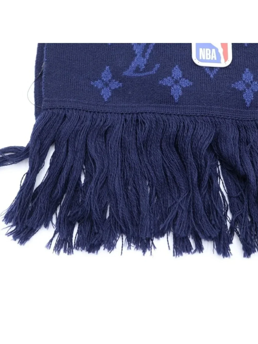 Louis Vuitton NBA Echarpe Monogram Logo Leather Patch Wool Fringe Scarf Navy